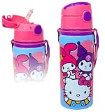 Butelka dla dziewczynki dla Hello Kitty Fan 3-10 lat, 600 ml, aluminiowa słomka i pasek na ramię, butelka na wodę, odporna na upadki, przedszkole i szkoła, pomysł na prezent, z tabliczką na imię