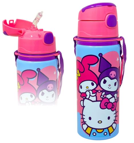 Butelka dla dziewczynki dla Hello Kitty Fan 3-10 lat, 600 ml, aluminiowa słomka i pasek na ramię, butelka na wodę, odporna na upadki, przedszkole i szkoła, pomysł na prezent, z tabliczką na imię
