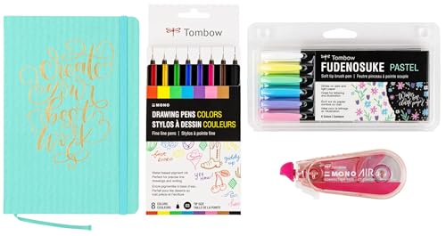Kit Tombow Fudenosuke de cuaderno de lino con puntos y paquete de 6 bolígrafos pincel pastel