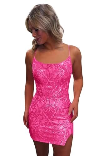 PLKF Tight Hot Pink Homecoming Dresses for Teens 2025 Sequin Glitter Hot Pink HOCO Dress Sparkly Short Prom Dress with Slit Hot Pink 02