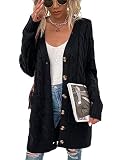 Womens Cardigan Long Sleeve Cable Knit Sweater Open Front Loose Outwear with Pocket (A-Black,S)