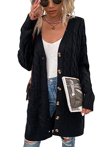 Womens Cardigan Long Sleeve Cable Knit Sweater Open Front Loose Outwear With Pocket (A-Black,S) #TOP6