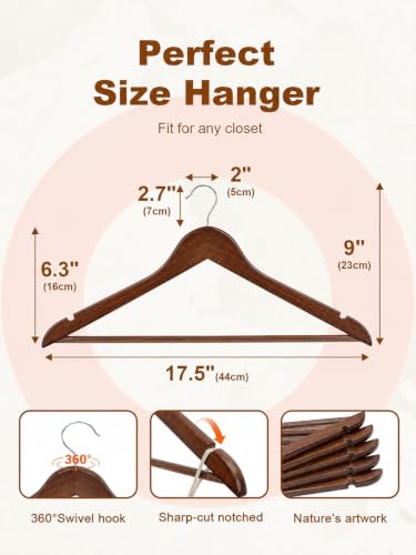 Image of GINOYA BROTHERS Walnut Wooden Suit Hangers 24 Pack with Non Slip Pants Bar - Smooth Finish Solid Wood Coat Hanger for Camisole, Jacket, Pant, Dress Clothes Hangers (Walnut: 8)