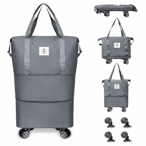 Image of Btag Travel Duffle Bag with Wheels | Convertible Handbag, Trolley & Shoulder Luggage for Clothes | Space-Saving Foldable Travel Companion | Expandable & Waterproof Traveling Bag for Unisex (Grey)