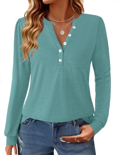 GKBK Women's Puff Long Sleeve Tunic V Neck Button Blouses Fall Tops Trendy Dressy Casual Business Henley Shirts Cyan XL