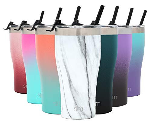 Simple Modern Tumbler with Clear Flip Lid and Straw | Reusable Insulated Water Bottle Stainless Steel Travel Mug | Slim Cruiser Collection | 22oz, Pattern: Carrara Marble