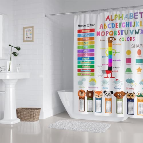Image of ABC Educational Shower Curtain Kids Learning Tool Funny Cartoon Animals Colors Shapes Weathers Multiplication Table Girls Boys Colorful Decor Waterproof Fabric 72Lx72W Inch with Hooks