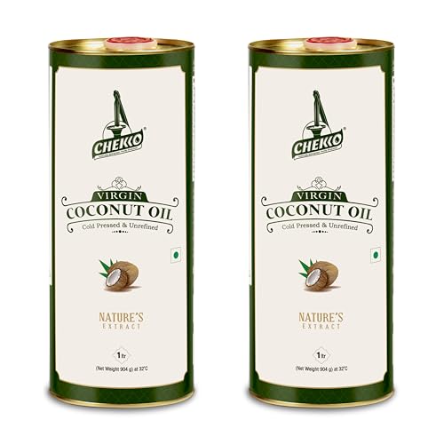 Image of Chekko Cold Pressed Virgin Coconut Oil 2 Litre | 100% Pure Natural Wood Pressed | Unrefined Virgin Edible Coconut Oil for Cooking, Baking, Massage, Hair & Skin Care | Premium Food-Grade Metal Tin Pack (1 Litre*Pack of 2)