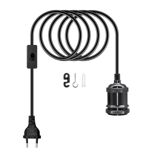 500CM Cable de Lampara Techo Colgante con Enchufe y Interruptor, Lámpara de Suspensión con Metal Retro Negro Portalámparas E27, Cable de luz Colgante, DIY Colgante Luz Cordón Kit