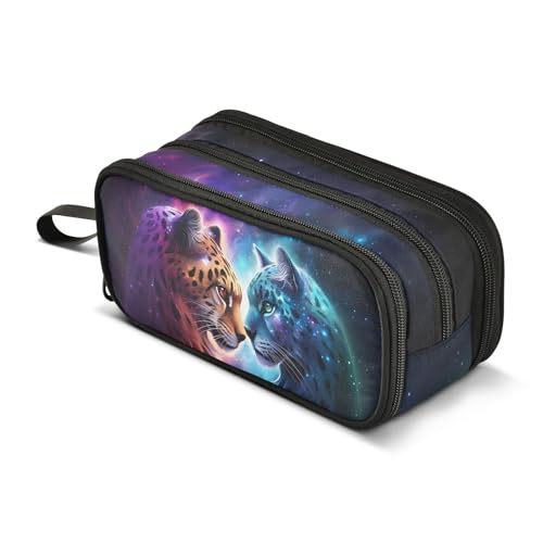 Image of Cheetah Tiger Galaxy Pencil Case Box Boys Girls Large Pencil Pouch Zipper Compartments Big Capacity Stationery Pen Bag Organizer for Kids Teens Adults School Office