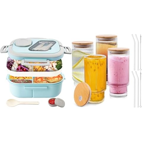 Tinaforld Bento Box & 4 Pack Glass Cups with Bamboo Straws Cover