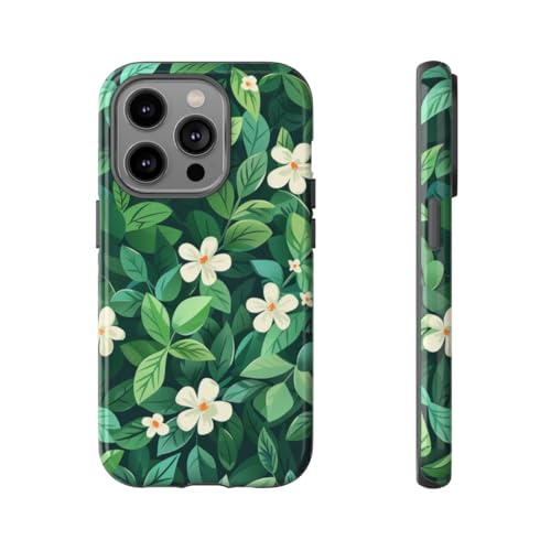 Coque iPhone 14 Pro fleurs blanches et feuilles vertes pour votre look d'été