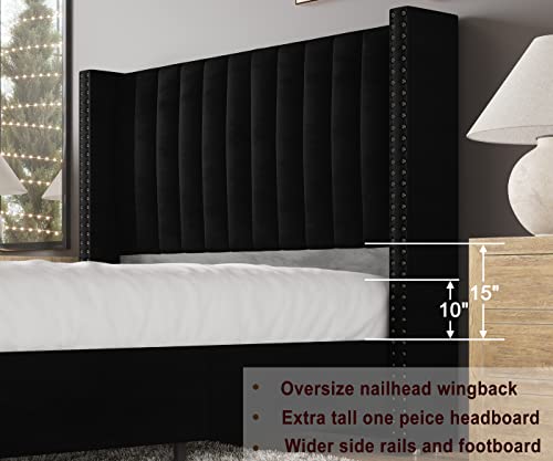 Jocisland Bed Frame Queen Size Upholstered Bed Wingback Headborad Velvet Channel Tufted/No Box Spring Needed/Black #TOP5