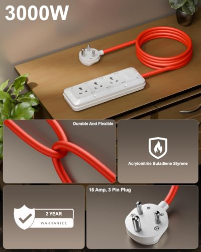 Image of FEDUS 16amp 3000 Watts Extension Board 1 Meter Cable Heavy Duty High Load Capacity Electric Power Cord with 3 Socket 1 Switch,for Oven,EV Charger Charging,Iron Press,Induction Stove,AC