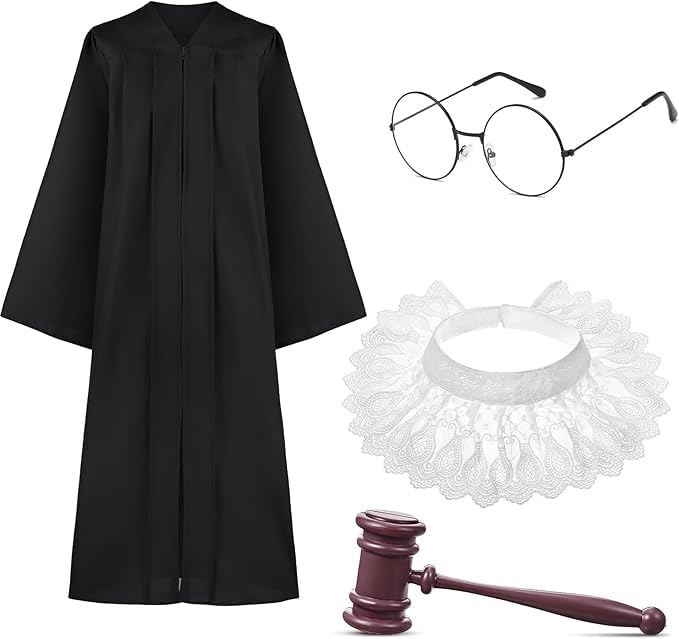 4Pcs Judge Costume Set Black Robe Lace False Collar Plastic Gavel Round Glasses Accessory for Adult Cosplay Halloween Party