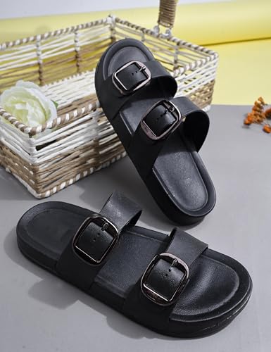 Image of Creattoes Women & Girls Comfort Slide Sandals | Triple Buckle Slip-On Flats | Soft Cushioned Anti-Skid Sole for Casual Wear | CR82