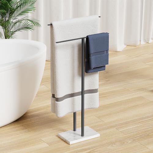 Freestanding Towel Holder Marble Base - Black Towel Rail, Black Towel Holder for Bathroom, Metal Towel Rack, 33.86 x 17.5 x 6.89 Inches