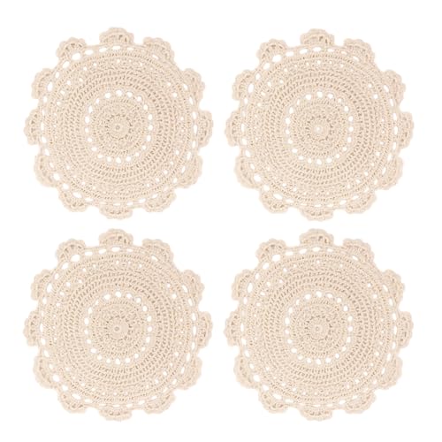 Phantomon 10 Inch Handmade Crochet Round Cotton Lace Table Placemats Doilies Pack of 4, Beige - Thumbnail 5