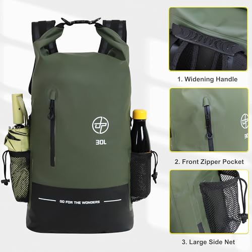UPWELL Waterproof Dry Bag 30L Boating Backpack for Travel Hiking Camping Bags for Kayaking Hiking Waterproof Bags Swimming Floating Submersible Dry Bag Green - Thumbnail 3