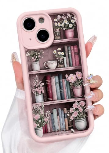Image of VONZEE Cute Pink Book Shelf Back Cover for iPhone 15| Clear Shockproof TPU Protective Case | intage Library & Flower Shelf Pattern for Girls and Women
