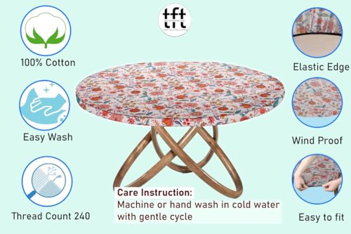 Image of The Furnishing Tree Elastic Cotton Round Dining Table Cover 40x40 in Inches Floral Multicolor on offwhite Base