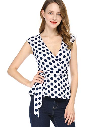 Allegra K Women's Chrismas Sleeveless Elegant V Neck Self Tie Front Polka Dots Wrap Top2