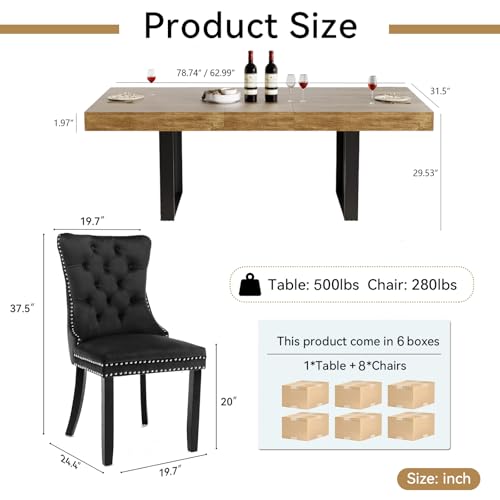 Image of Brown Dining Room Table Set for 8, 9-Piece 63 inch-78.74 inch Extendable Dining Table Set with 8 Upholstered Chairs, Rectangle Wooden Expanding Kitchen Table and Black Chairs Set
