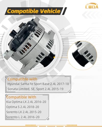 Image of 37300-2G061 Alternator 12V 150A Compatible with 2015-2020 Hyundai Kia | 2015-2019 Sonata 2017-2018 Santa Fe 2016-2020 Optima 2015-2020 Sorento Replace 104211-8790 373002G061