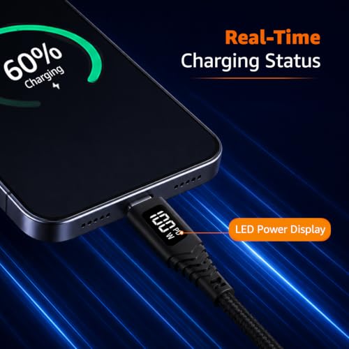 Image of amazon basics 100W Type C to Type C Cable with LED Display, 5A Max Output, Up to 480Mbps Data Sync, 2M Length, Tangle Resistant, Supports Laptop Charging (Black)