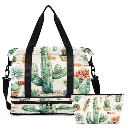 Vintage Cactus Gym Bag for Women Sport Travel Duffel Bag Shoulder Weekender Overnight Bags with Wet Pocket & Shoe Compartment2