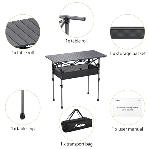 Anbte Folding Camping Table, Aluminum Roll Up Camping Table Adjustable Height with Storage Net and Bag, Lightweight Outdoor Table 32.2” X 16”, for Outdoor Travel BBQ Party Picnic, Black