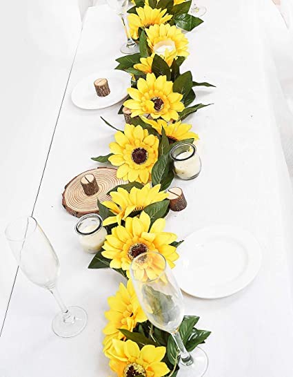Image of Artificial Sunflower Garland Silk Sunflower Vine Artificial Flowers with Green Leaves Wedding Table Decor (1)