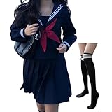 [BUITVOZE] コスプレ セーラー服 定番 ネイビー 女子高校生制服 蝶結び 長袖 女子高生 JK コスチューム 綿 歓送迎会 学園祭 イベント 長いソックス付き 大きいサイズ (5XL)