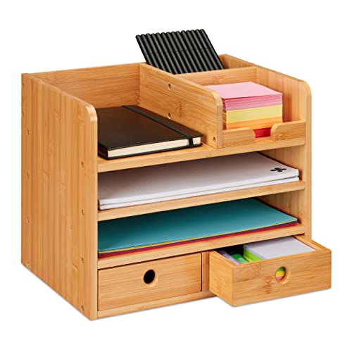 Relaxdays Schreibtisch Organizer, 2 Schubladen, 5 Fächer, HxBxT: 26,5 x 33 x 24 cm, Bambus-Organizer fürs Büro, Natur