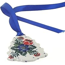 Blue Rose Polish Pottery - Red Holiday Flower Tree Ornament - 2.5" Long - Hand-Painted Collectible Decoration