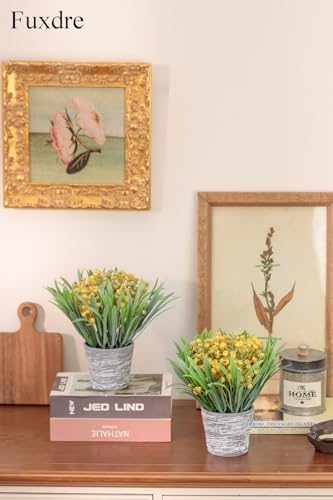 Fuxdre 2 Packs Small Fake Plant for Shelf Decor - Flower Plant Decoration for Spring Decor, Small Greenery for Shelf with Gray Melamine Pot for Home, Indoor, Office, Desk, Table (Yellow) — view 3