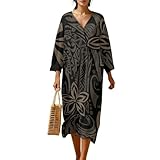 Wanyint Wickelkleid für Damen, 3/4-Ärmel, Midi-Länge, Kirchenkleid, lockerer Tunika-Stil, leinenähnliches Polyester, Loungewear, S-4XL, Polynesische Tribal-Blume, 4XL