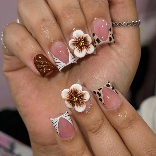 IMSOHOT Short Square Press on Nails, Fall Brown Leopard French Tip Fake Nails with Zebra 3D Gel Flower Design, 24 Pcs Glue on Nails for Women