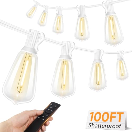Brightever 100FT Outdoor String Lights with Remote Dimmable LED Patio Lights with 32 ST38 Shatterproof Vintage Bulbs 2700K Warm White 3 Modes 2 Timer Outside Light for Yard Deck Cafe White