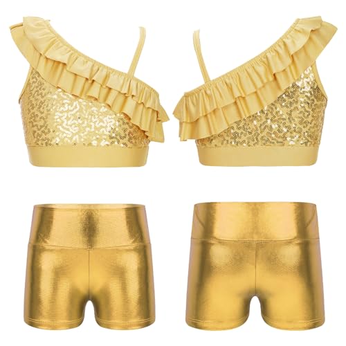 iiniim Kids Girls Gymnastics Outfit Set Hip Hop Jazz Dance Clothing Set 2-Piece Athletic Activewear Basic Tracksuit Gold 10 Years