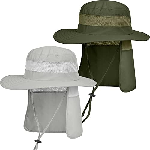 IYEBRAO 2 Pack Mens Sun Protection Hat with Neck Flap for Fishing Hiking Garden Work(Light Grey＆Army Green)