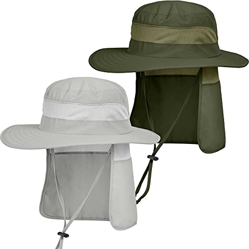 Iyebrao 2 Pack Mens Sun Protection Hat With Neck Flap For Fishing Hiking Garden Work(Light Grey＆Army Green) #TOP12