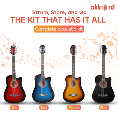 Image of AKKORD Basswood 38 Inch Acoustic Cutaway Guitar Kit With Gigbag, Strings, Picks, Strap And Key - Glossy Black | Complete Guitar Kit For Beginners With Free Course