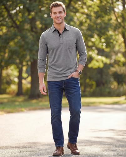 Camiseta polo para hombre de manga larga con cuello contrastante y botones, estilo casual para golf y uso diario | Bolsillo en el pecho, transpirable, ligera, diseño clásico sin costuras visibles, movimiento flexible, estilo de trabajo a fin de semana miniatura 3