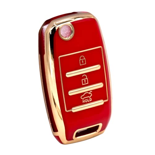 Image of KMH TPU Gold Car Smart Key Cover Compatible for Kia Seltos and Sonet 3 Push Button Smart Flip Key Shell Case Holder, Full Key Protection (Red Gold) Pack of 1