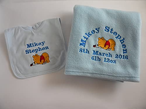 Image of Personalised Winnie The Pooh Fleece Blanket and bib Baby Gift Set in Blue Pink or White Bespoke Gift and Keepsake (Blue)