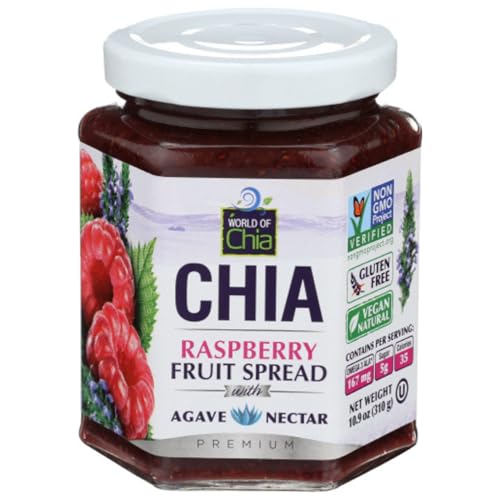 World of Chia Premium Chia Seeds Jam - Raspberry Jams and Preserves - All Natural, Plant Based Chia Jam, Gluten Free, Omega 3, Made in USA, Non GMO, Organic Ingredients, Additive Free, Low Sugar and Low Glycemic, Diabetic Friendly Fruit Spread - (10.9 oz, 310 g Jar) Pack of 1