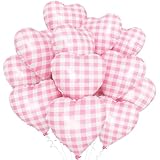 Pink White Checkered Heart Balloons,12Pcs 18Inch Light Pink Grid Heart Shaped Foil Helium Polyester Film Balloons for One Silly Goose Birthday Baby Shower Party Decorations