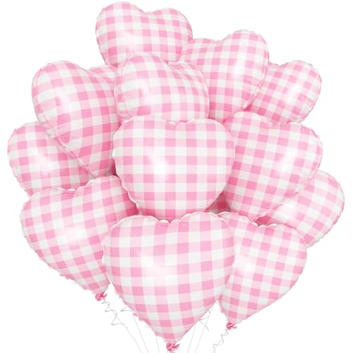 Pink White Checkered Heart Balloons,12Pcs 18Inch Grid Heart Shaped Balloons