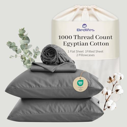 Image of Bedlifes 1000TC Egyptian Cotton King Sheets, 4Pcs, 16 inch Deep Pocket | Cooling & Breathable, Ultra Soft, Hotel Comfort, Sateen Weave, OEKO-TEX Certified, Easy-Care Machine Washable